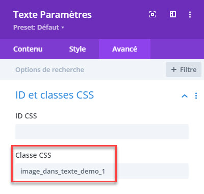 classe CSS dans un module Divi